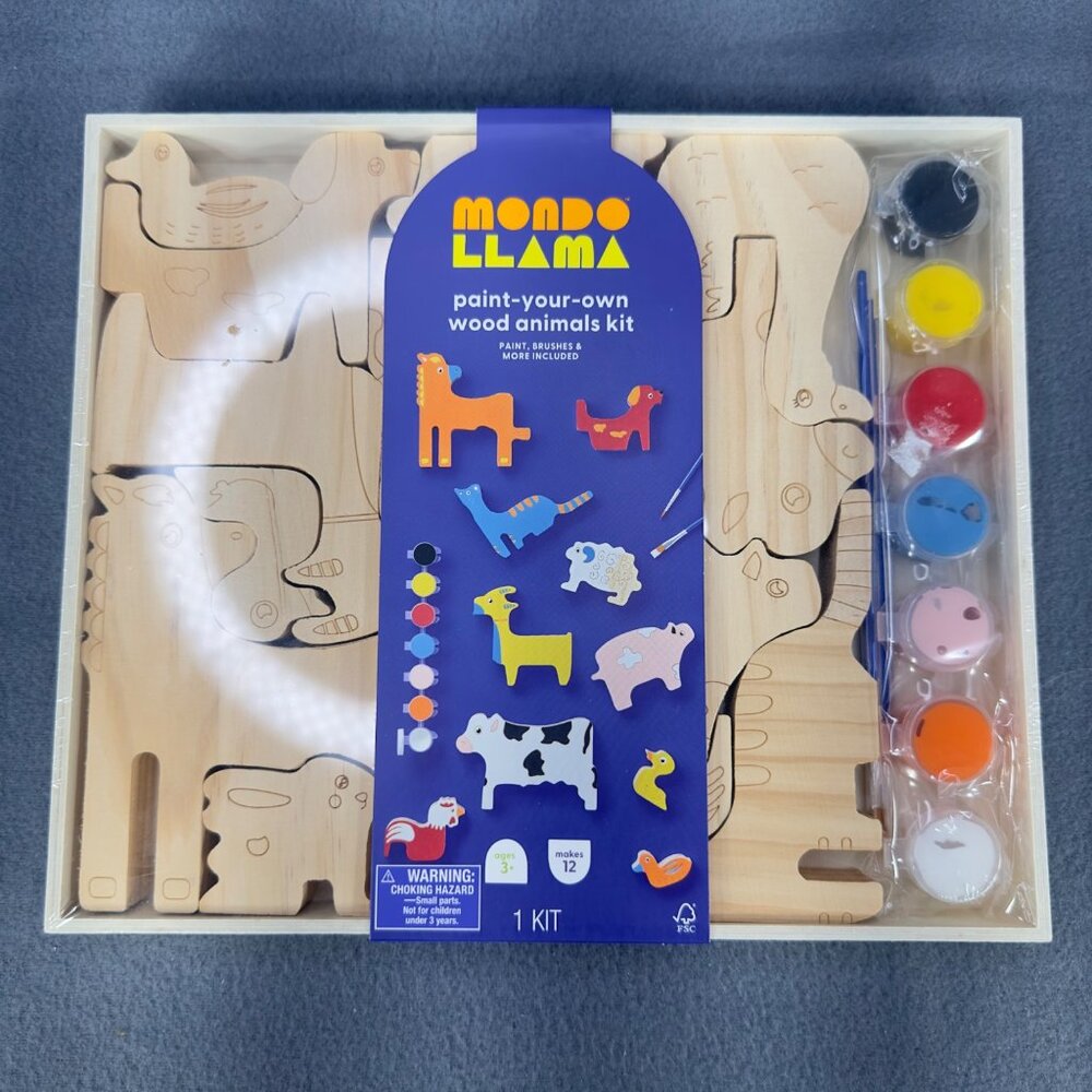 Mondo Llama Paint-Your-Own Wood Animals Kit With Paints And Brushes New